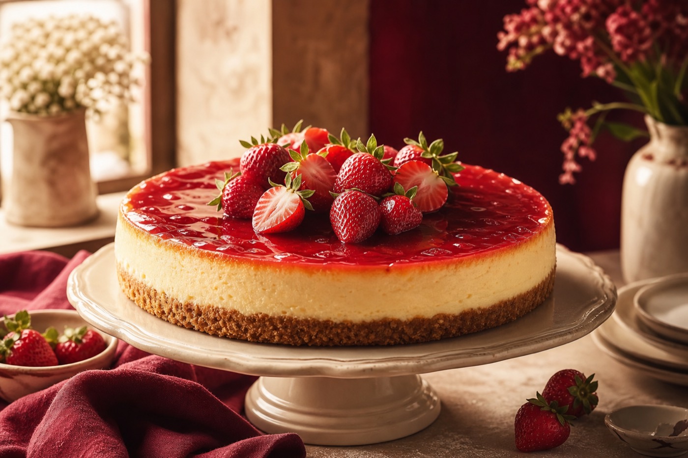 Whole strawberry cheesecake on a stand
